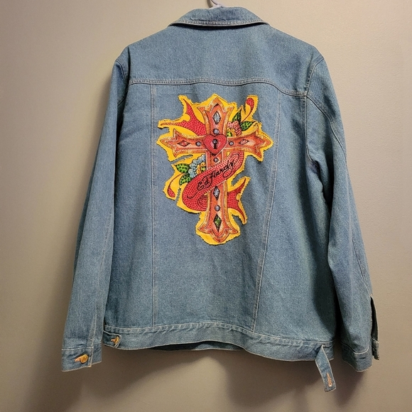 Bob Mackie Wearable Art Vintage Ed Hardy Bejeweled Blue Jean Jacket Large - Picture 7 of 7